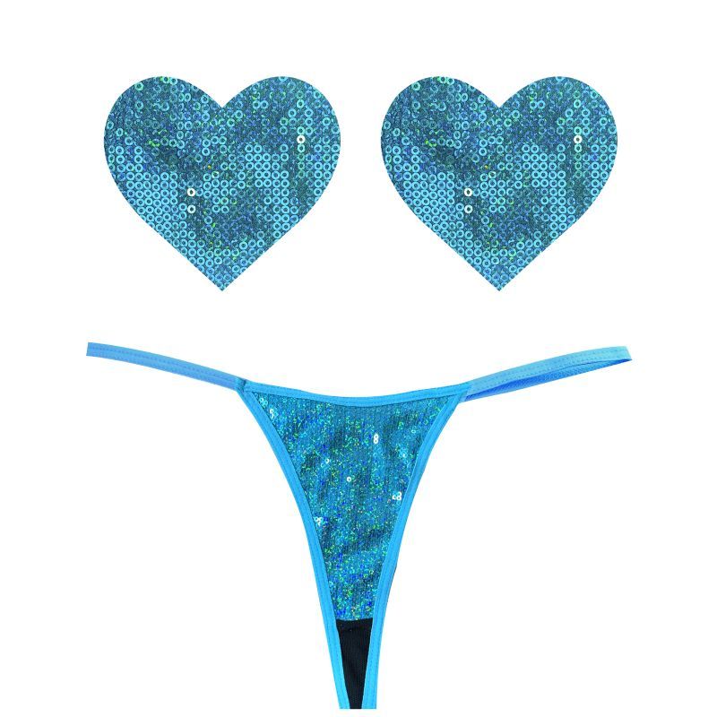 Mahi Mahi Blue Sequin G-String and Heart Pastie Set-GST-MAH-NKH