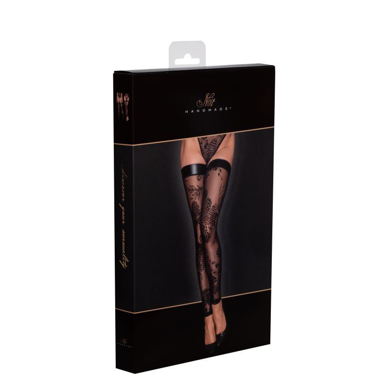 Tulle Stockings w Patterned Flock Embroidery & Power Wetlook Band-F243-BLK-S