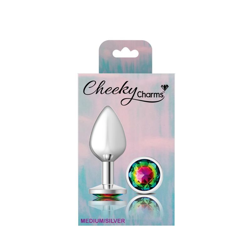 Cheeky Charms Silver Round Butt Plug w Rainbow Jewel Medium-VB-CC9118-M