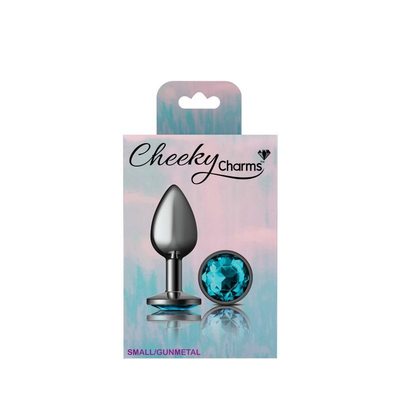Cheeky Charms Gunmetal Round Butt Plug w Teal Jewel Small-VB-CC9120-S