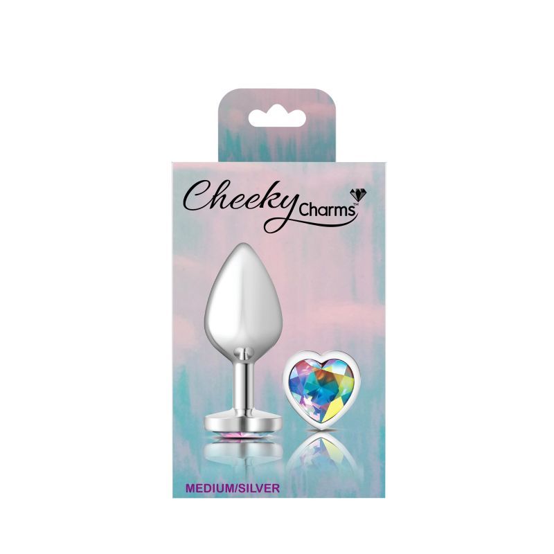 Cheeky Charms Silver Metal Butt Plug w Heart Clear Jewel Medium-VB-CC9127-M