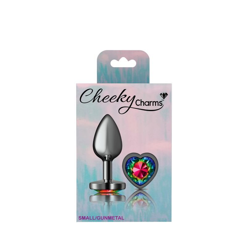 Cheeky Charms Gunmetal Butt Plug w Heart Rainbow Jewel Small-VB-CC9132-S