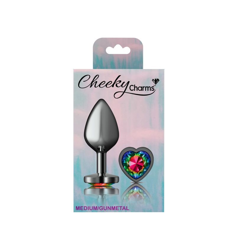 Cheeky Charms Gunmetal Butt Plug w Heart Rainbow Jewel Medium-VB-CC9133-M