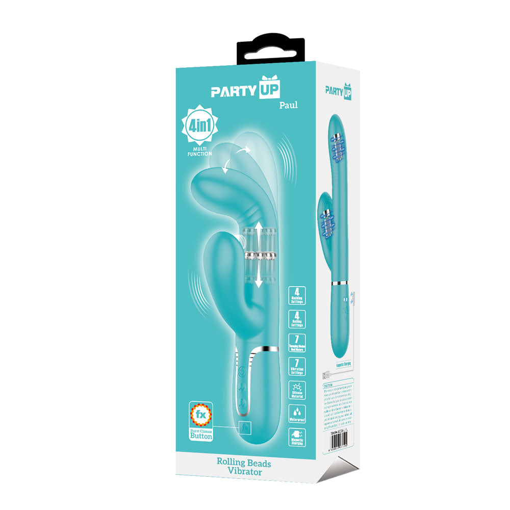Party Up PAUL Rolling Beads Vibrator - Teal - Teal 22.6 cm USB Rechargeable Thrusting Rabbit Vibrator-BW-500034-1-PU