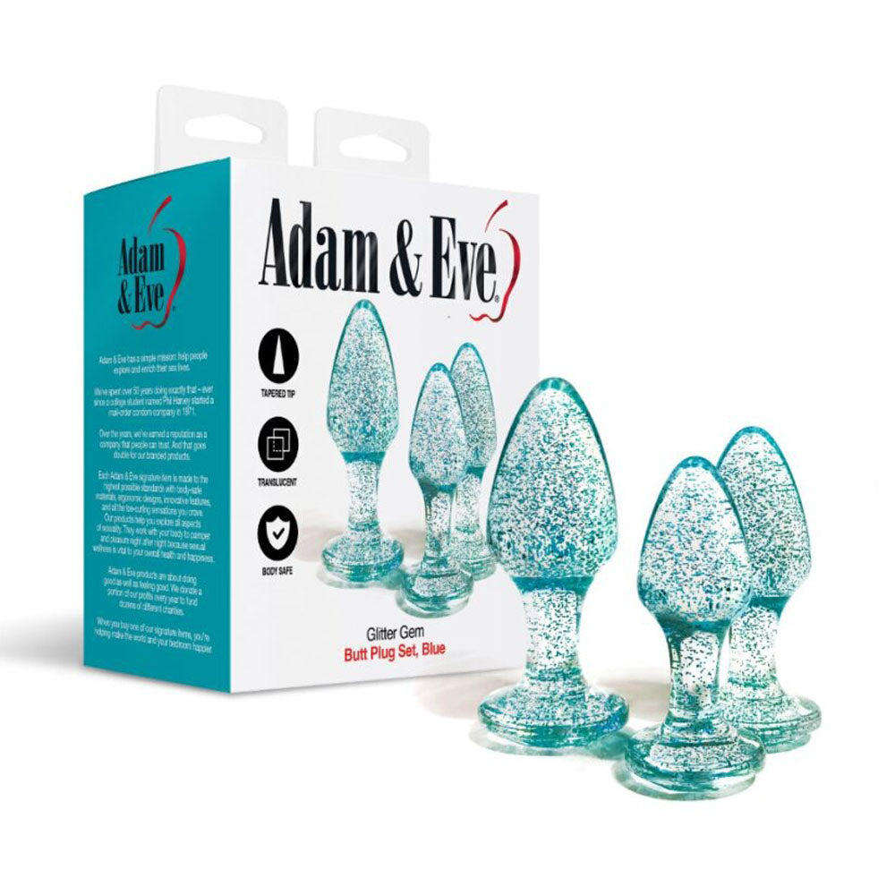 Adam & Eve Glitter Gem 3-Piece Butt Plug Set - Blue Set of 3 Sizes Sex Toys Perth Adam & Eve Glitter Gem 3-Piece Butt Plug Set - Blue Set of 3 Sizes Sex Toys Perth