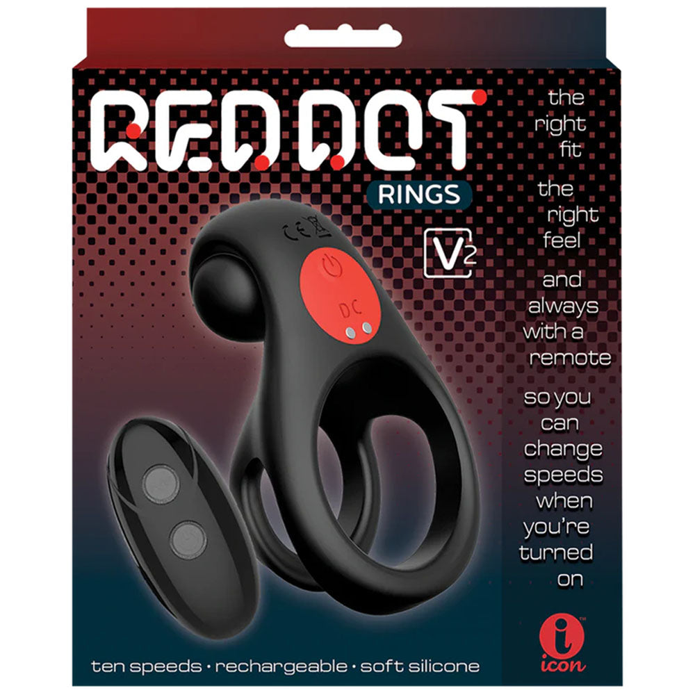 Red Dot Rings - V2 - Black USB Rechargeable Vibrating Cock & Ball Ring with Remote-IC5077