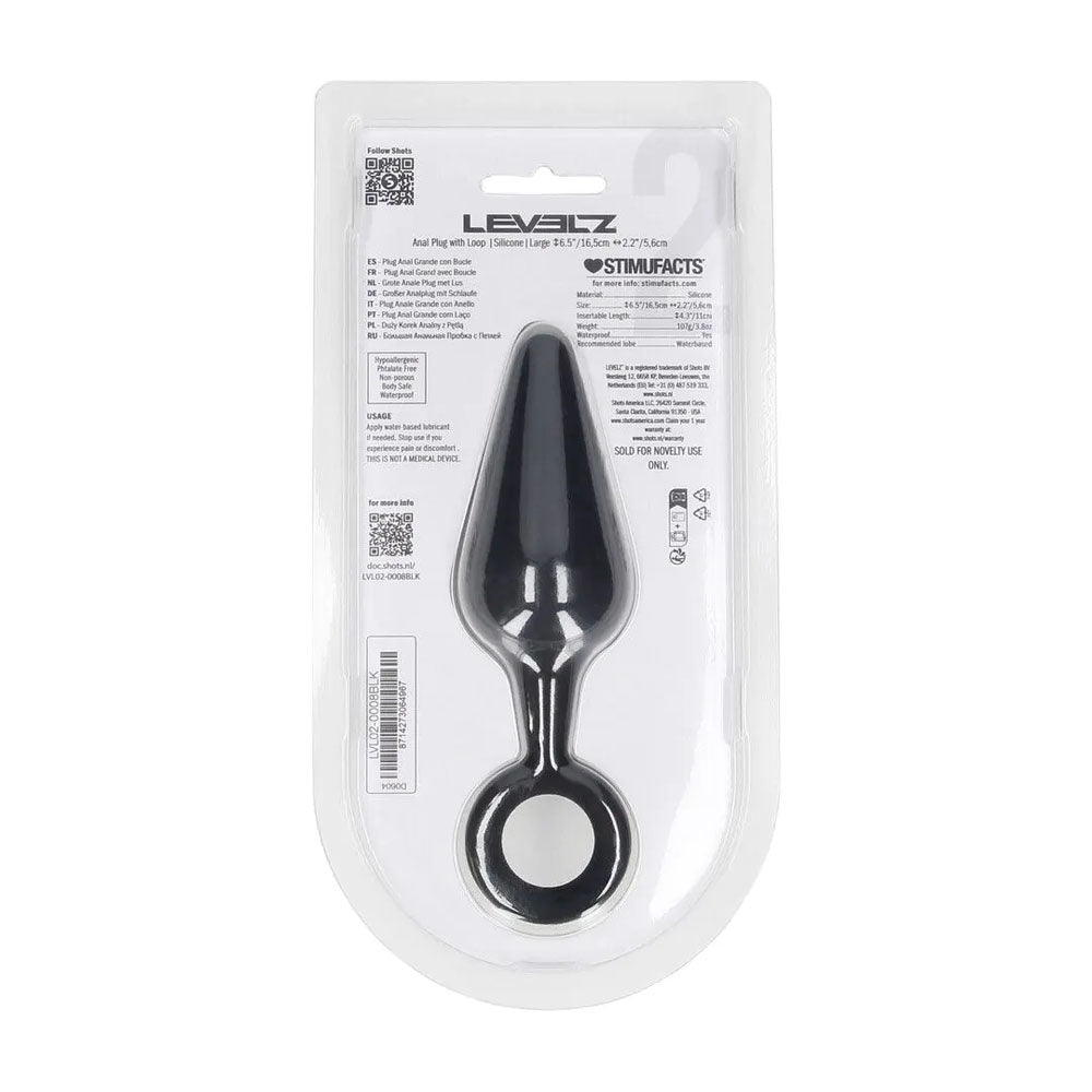 LEVELZ Silicone Anal Plug with Loop - Large - Black Large Butt Plug-LVL02-0008BLK