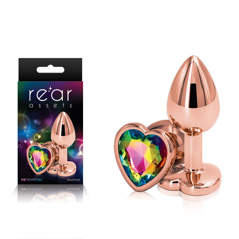 Rear Assets Rose Gold Heart Small - Rose Gold Small Metal Butt Plug with Rainbow Heart Gem Base-NSN-0963-19