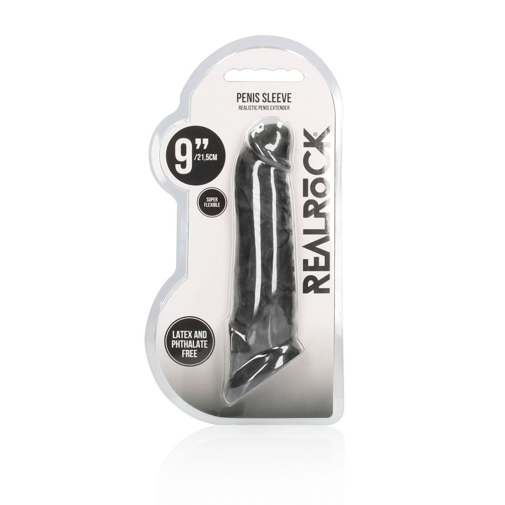 REALROCK 9 Realistic Penis Extender with Rings - Black - Black 22.9 cm Penis Extension Sleeve - REA107BLK