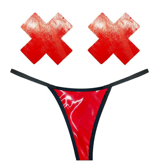 Vixen Red Wet Vinyl Pastie and G-String Set-GST-VIX-NKX