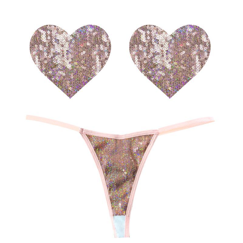 Bubbly Feels Nude Sequin Pantie and Heart Pastie Set-GST-PEA-NKH