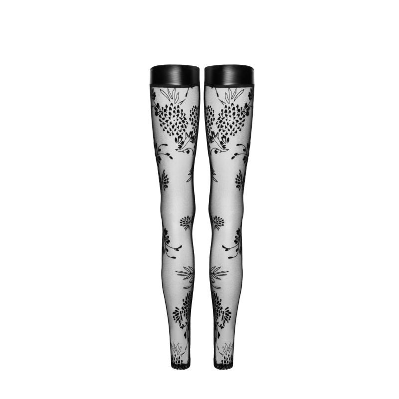 Tulle Stockings w Patterned Flock Embroidery & Power Wetlook Band-F243-BLK-S