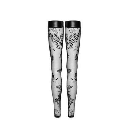 Tulle Stockings w Patterned Flock Embroidery & Power Wetlook Band-F243-BLK-S