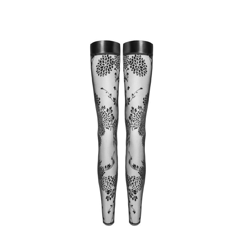Tulle Stockings w Patterned Flock Embroidery & Power Wetlook Band-F243-BLK-S