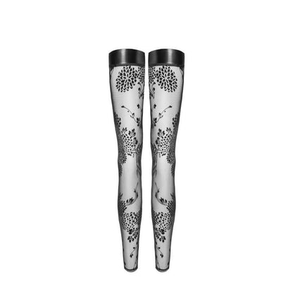 Tulle Stockings w Patterned Flock Embroidery & Power Wetlook Band-F243-BLK-S