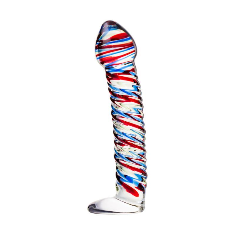 Sexus Glass Dildo Stripes w Base Blue/Red 16cm-912046-BLU