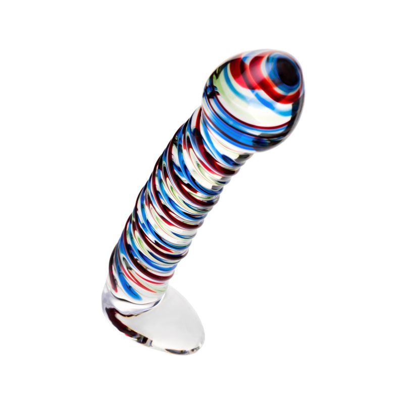 Sexus Glass Dildo Stripes w Base Blue/Red 16cm-912046-BLU