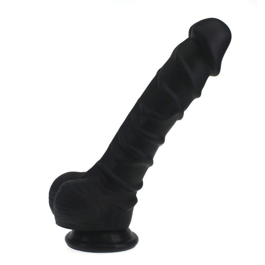 Realistic Dildo Ridged Shaft w Balls Black-SILICONE-010-BLK