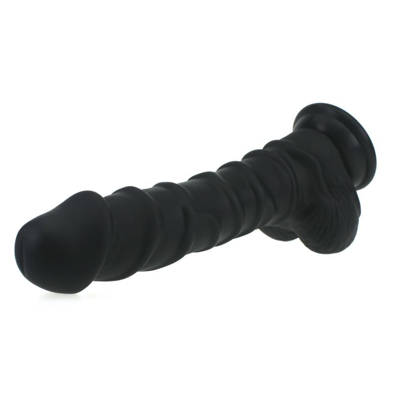 Realistic Dildo Ridged Shaft w Balls Black-SILICONE-010-BLK