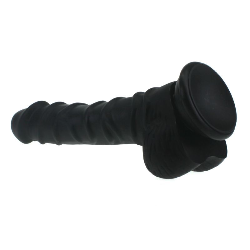 Realistic Dildo Ridged Shaft w Balls Black-SILICONE-010-BLK