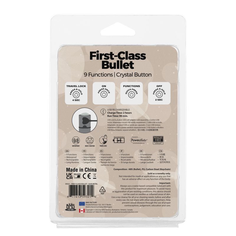 Power Bullet First Class 6cm Rechargeable w Crystal Gun Metal-59321