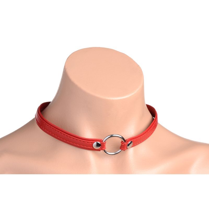 Fiery Pet Leather Choker w Silver Ring Red-AG761-RED