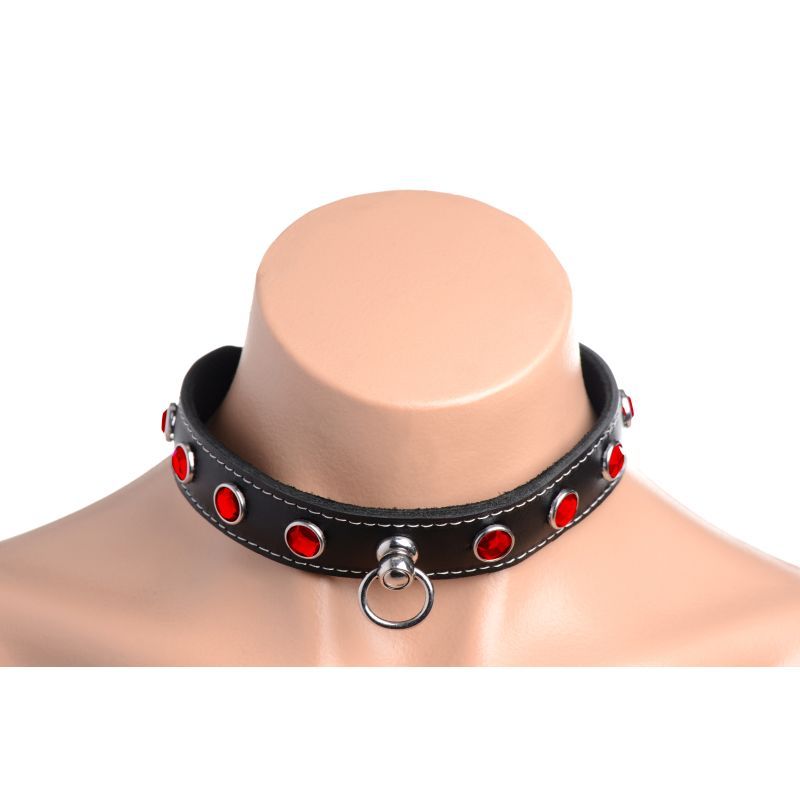 Bling Vixen Leather Choker w Red Rhinestones-AG800-RED