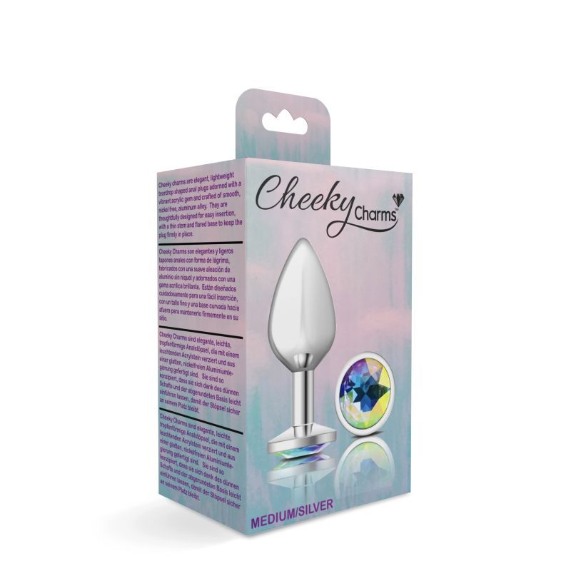 Cheeky Charms Silver Round Butt Plug w Clear Iridescent Jewel Medium-VB-CC9115-M