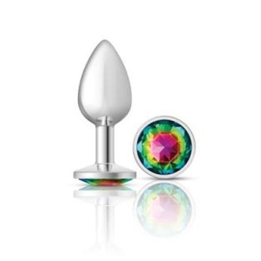 Cheeky Charms Silver Round Butt Plug w Rainbow Jewel Small-VB-CC9117-S