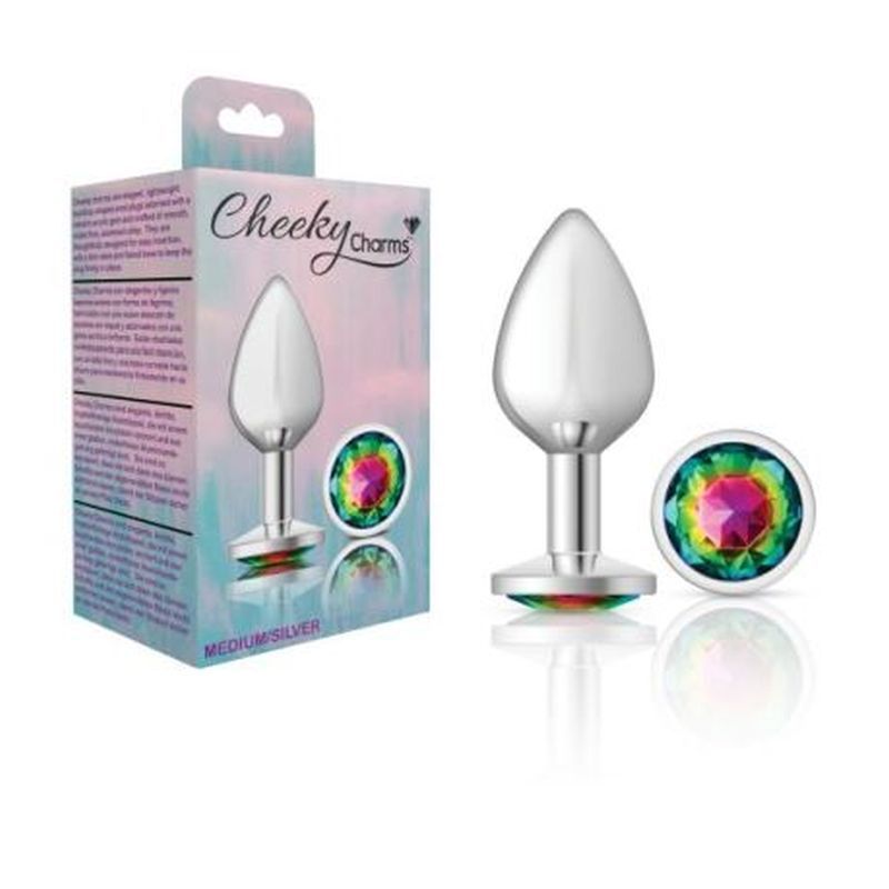 Cheeky Charms Silver Round Butt Plug w Rainbow Jewel Medium-VB-CC9118-M