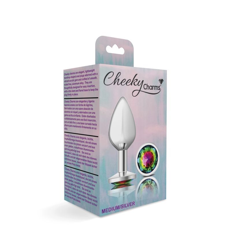 Cheeky Charms Silver Round Butt Plug w Rainbow Jewel Medium-VB-CC9118-M