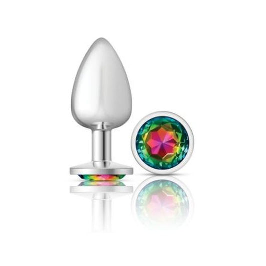 Cheeky Charms Silver Round Butt Plug w Rainbow Jewel Large-VB-CC9119-L