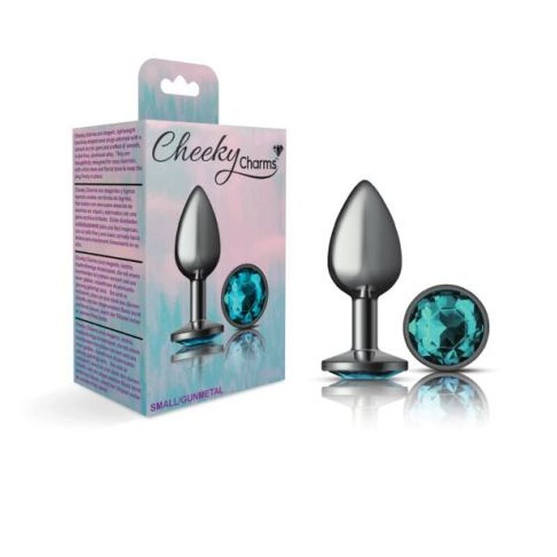 Cheeky Charms Gunmetal Round Butt Plug w Teal Jewel Small-VB-CC9120-S