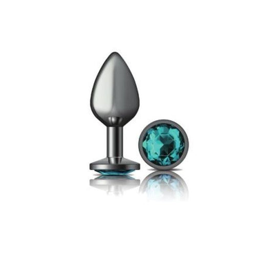 Cheeky Charms Gunmetal Round Butt Plug w Teal Jewel Medium-VB-CC9121-M
