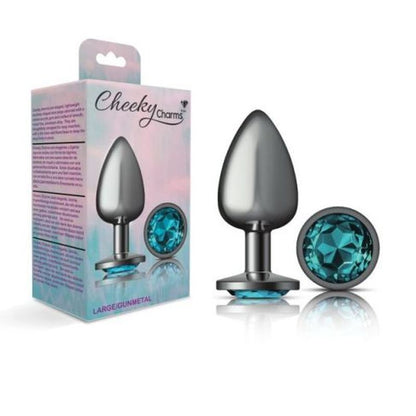 Cheeky Charms Gunmetal Round Butt Plug w Teal Jewel Large-VB-CC9122-L