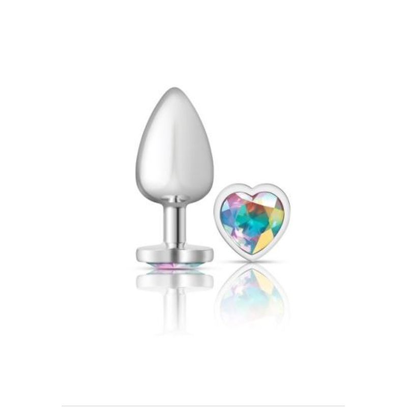 Cheeky Charms Silver Metal  Butt Plug w Heart Clear Jewel Large-VB-CC9128-L