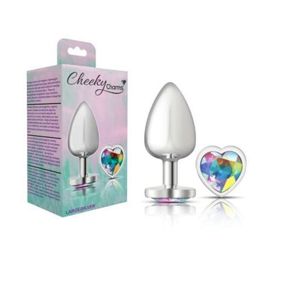 Cheeky Charms Silver Metal  Butt Plug w Heart Clear Jewel Large-VB-CC9128-L