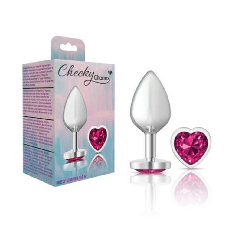 Cheeky Charms Silver Metal  Butt Plug w Heart Pink Jewel Medium-VB-CC9130-M