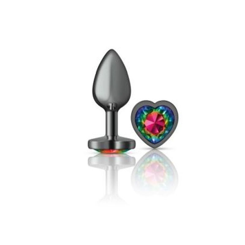 Cheeky Charms Gunmetal  Butt Plug w Heart Rainbow Jewel Small-VB-CC9132-S