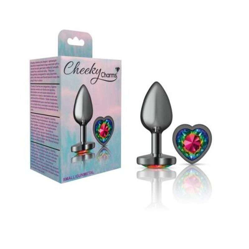 Cheeky Charms Gunmetal  Butt Plug w Heart Rainbow Jewel Small-VB-CC9132-S