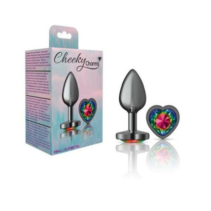 Cheeky Charms Gunmetal  Butt Plug w Heart Rainbow Jewel Small-VB-CC9132-S