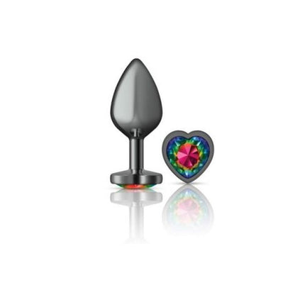 Cheeky Charms Gunmetal  Butt Plug w Heart Rainbow Jewel Medium-VB-CC9133-M