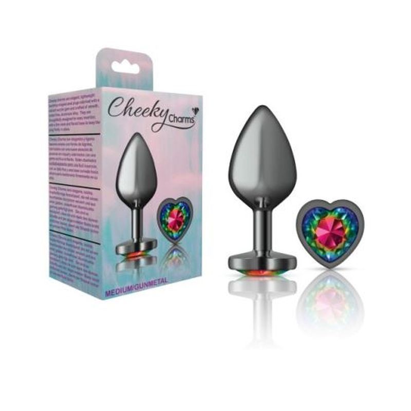 Cheeky Charms Gunmetal  Butt Plug w Heart Rainbow Jewel Medium-VB-CC9133-M