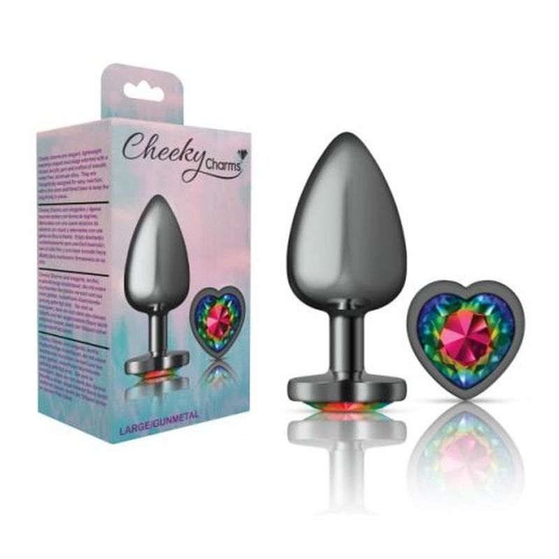 Cheeky Charms Gunmetal  Butt Plug w Heart Rainbow Jewel Large-VB-CC9134-L