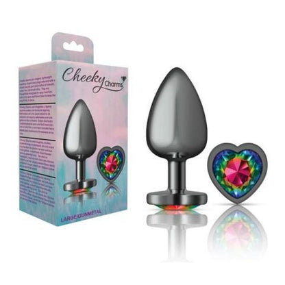 Cheeky Charms Gunmetal  Butt Plug w Heart Rainbow Jewel Large-VB-CC9134-L
