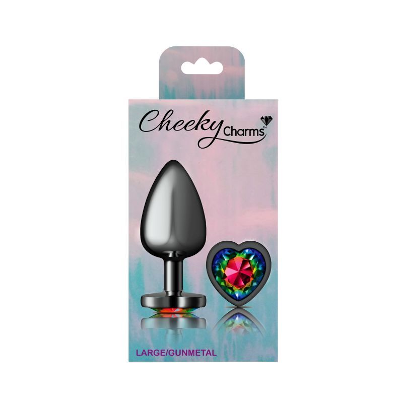 Cheeky Charms Gunmetal  Butt Plug w Heart Rainbow Jewel Large-VB-CC9134-L