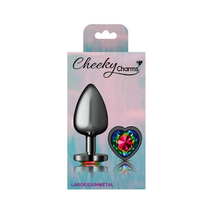 Cheeky Charms Gunmetal  Butt Plug w Heart Rainbow Jewel Large-VB-CC9134-L