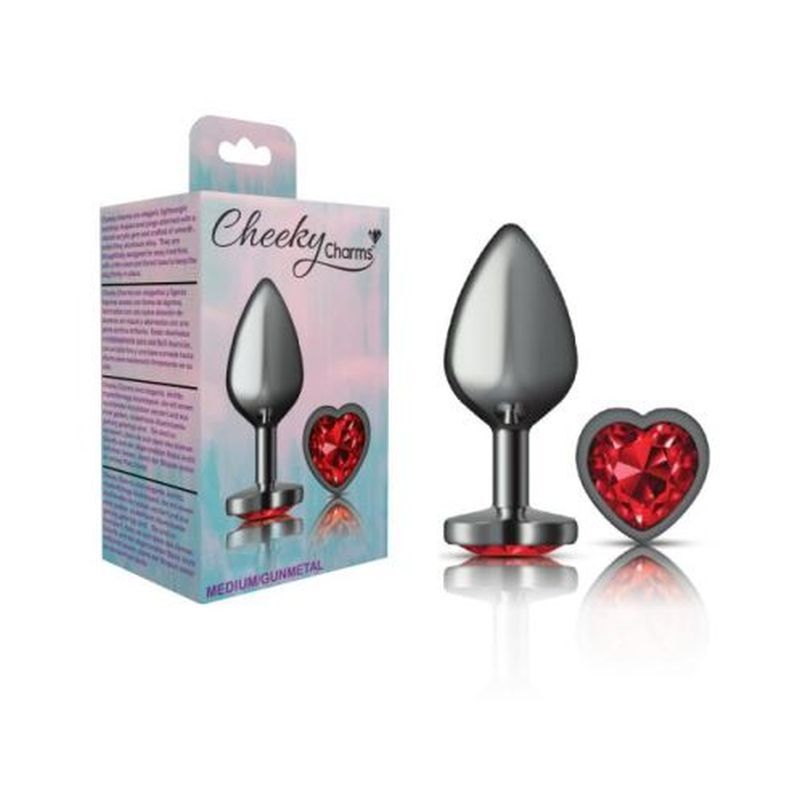 Cheeky Charms Gunmetal  Butt Plug w Heart Red Jewel Medium-VB-CC9136-M