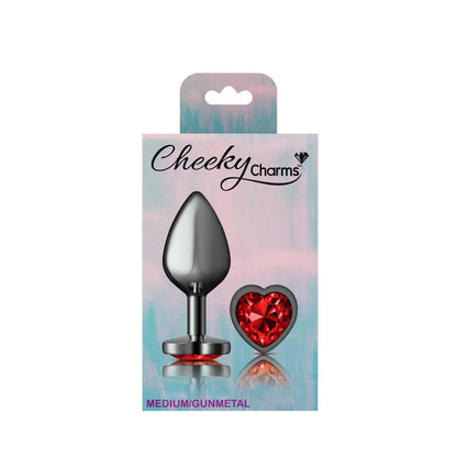 Cheeky Charms Gunmetal  Butt Plug w Heart Red Jewel Medium-VB-CC9136-M