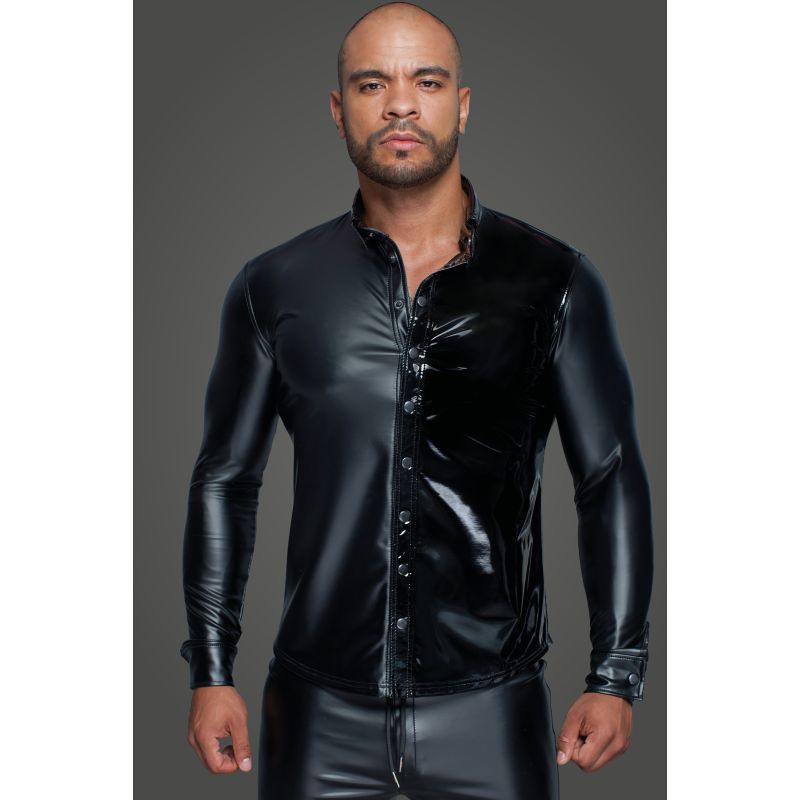 Powerwetlook PVC Long Sleeved Shirt w Button Placket-H064-BLK-S